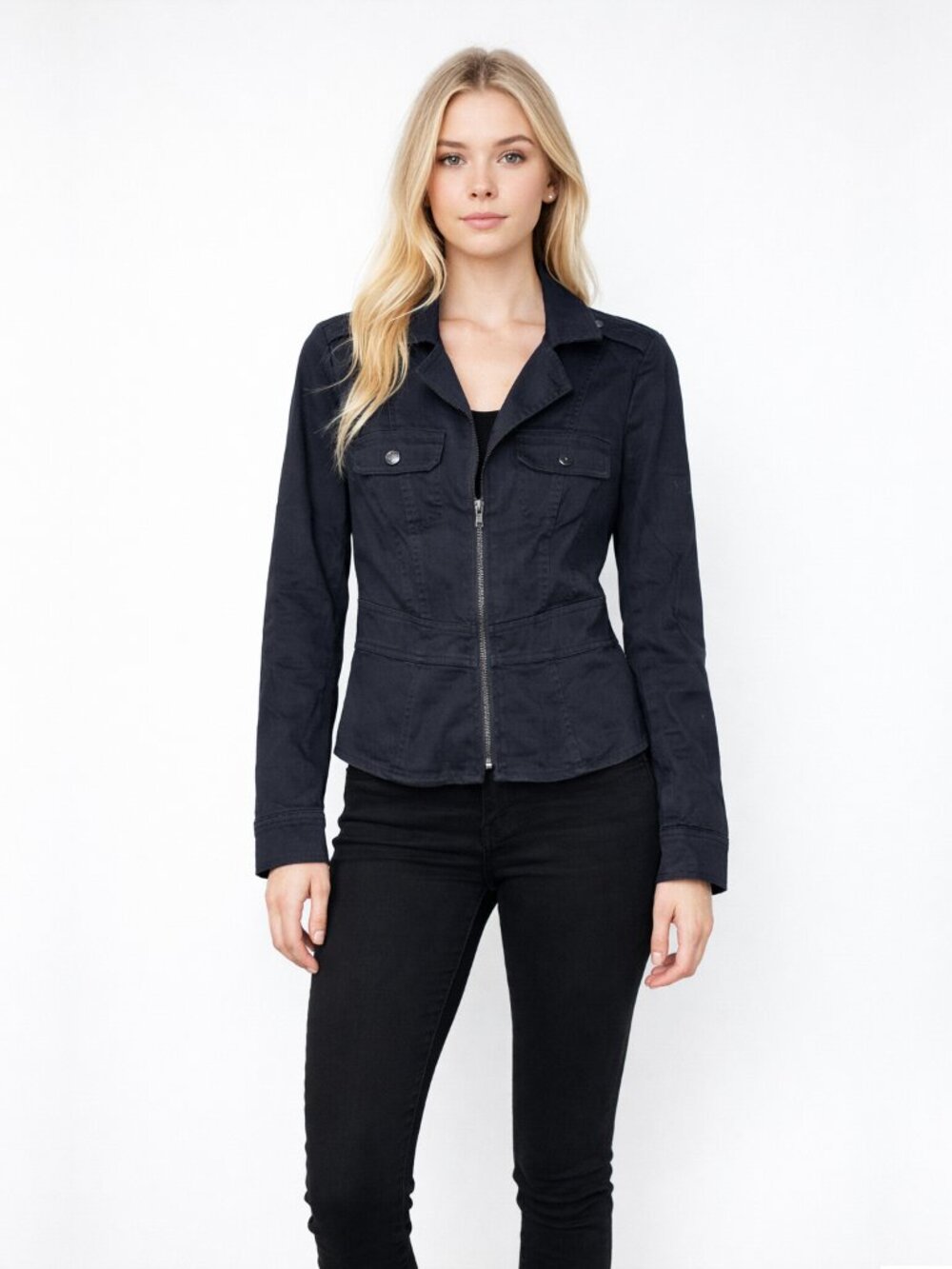 NWT White House Black Market Long Sleeve Zip Front Peplum Jacket Black #WHBM000